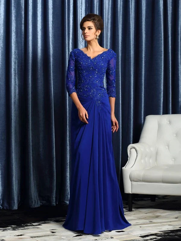 Wholesale A-Line Princess V-neck Applique Sleeves Long Chiffon Mother of the Bride Dresses